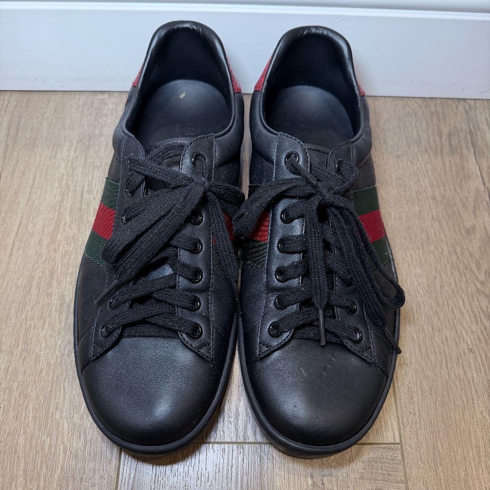 Gucci Black Leather Sneakers Web Stripe Red Snake Heel